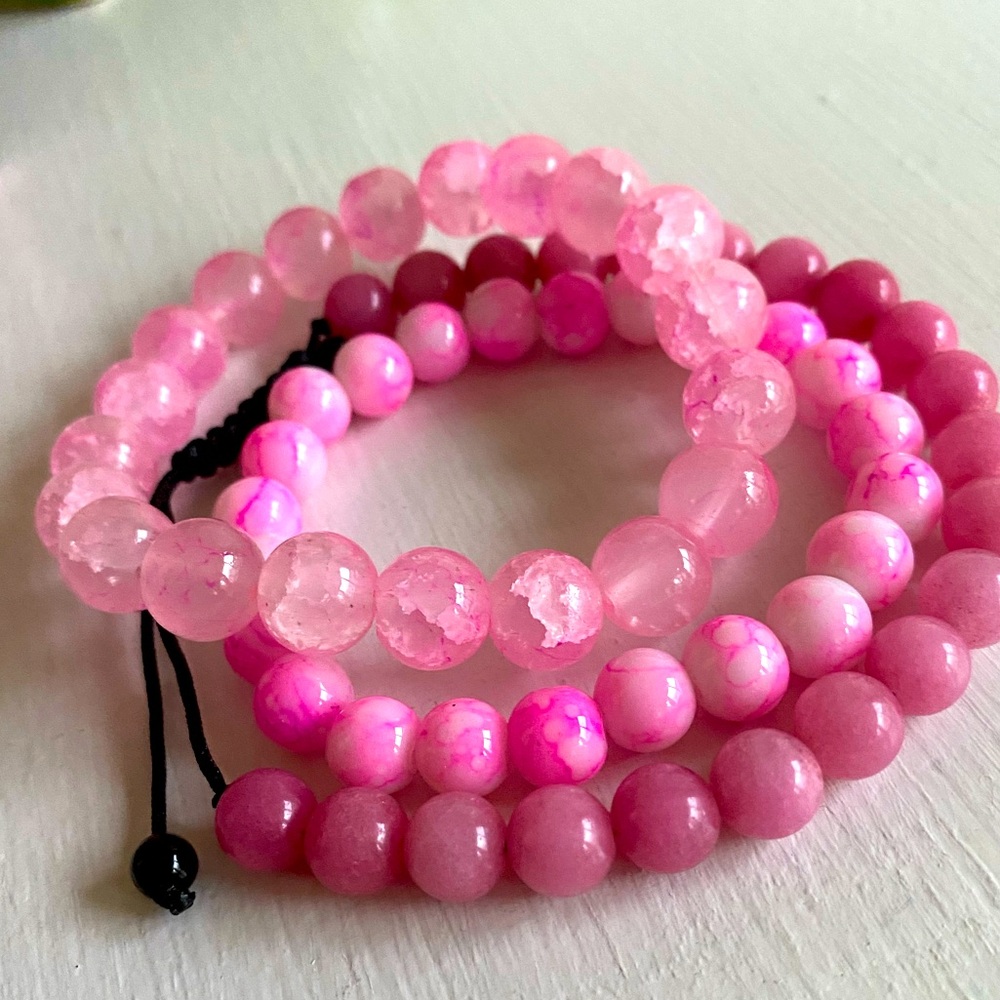 Three Pink Beaded Handmade Bracelets; Two Elastic & 1 Drawstring from🇳🇵Nepal